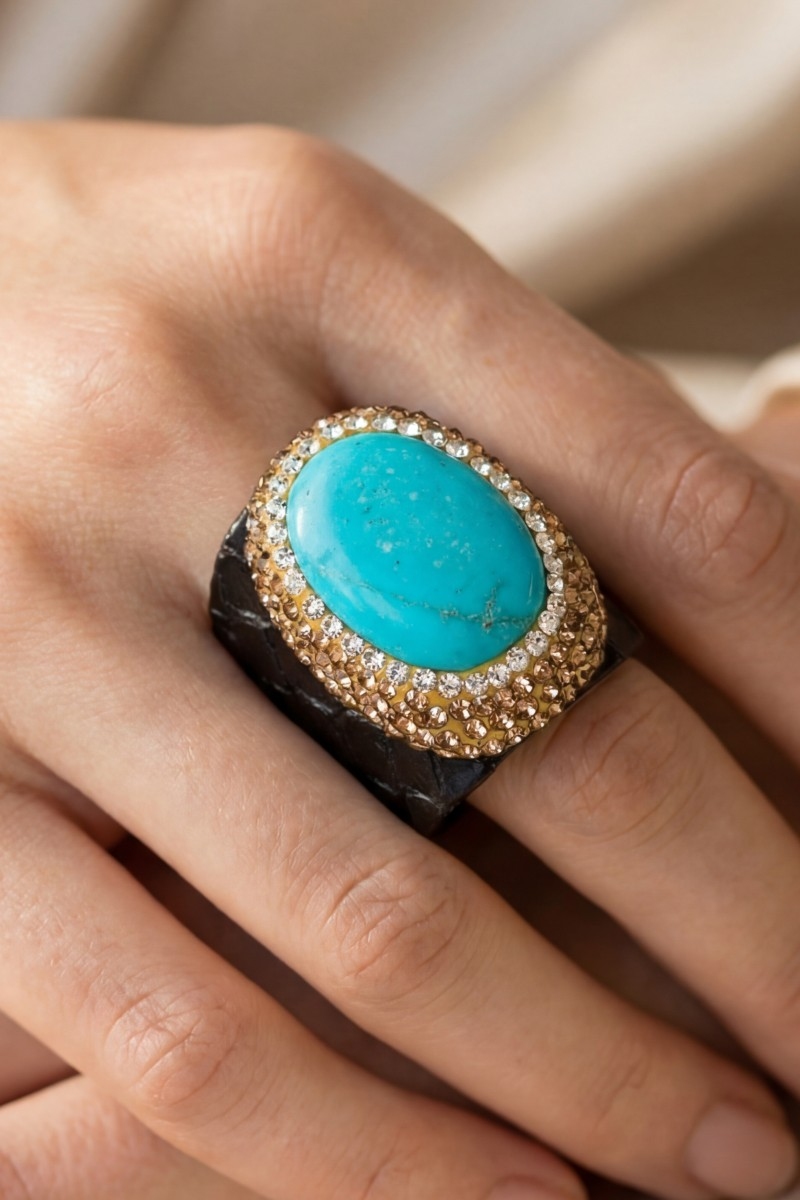 Pave Turquoise Stone With Leather Band Statement Ring