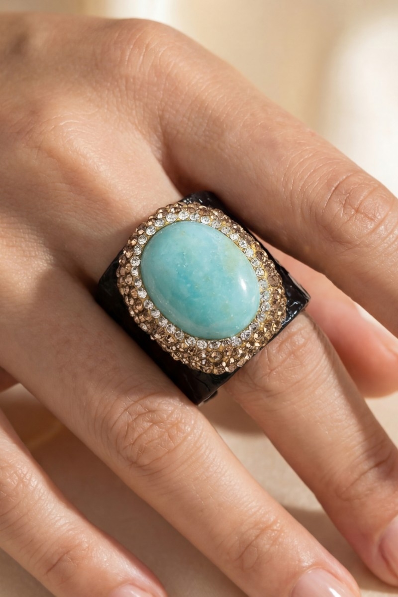 Pave Amazonite Stone With Leather Band Statement Ring