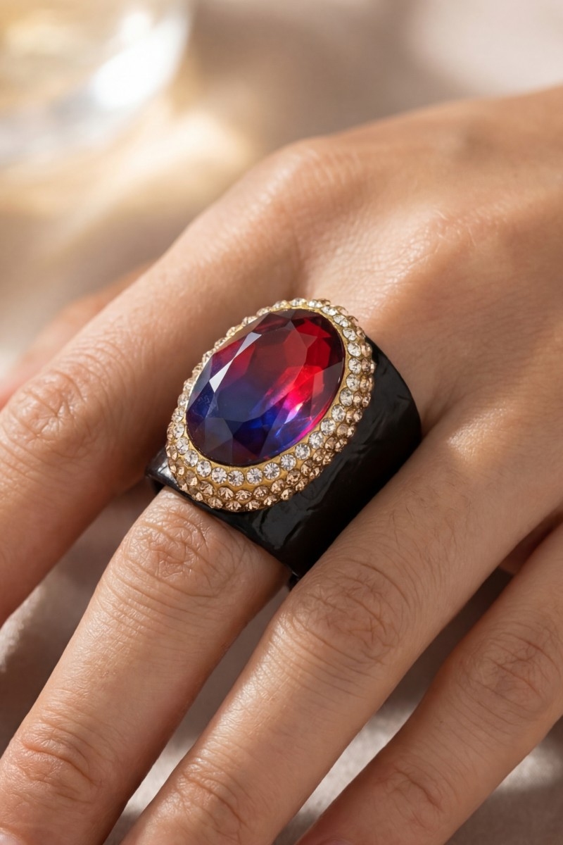 Pave Faceted Glass Stone With Leather Band Statement Ring