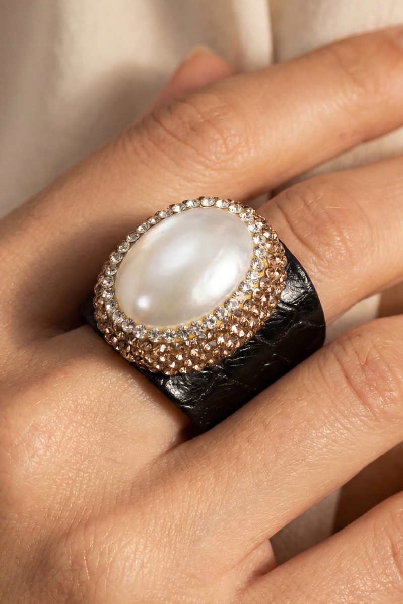Pave Mother Of Pearl With Leather Band Statement Ring