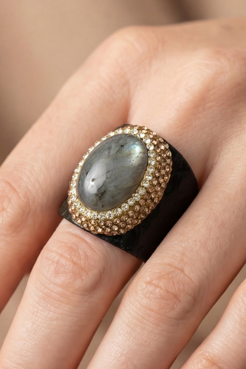 Pave Labradorite Stone With Leather Band Statement Ring