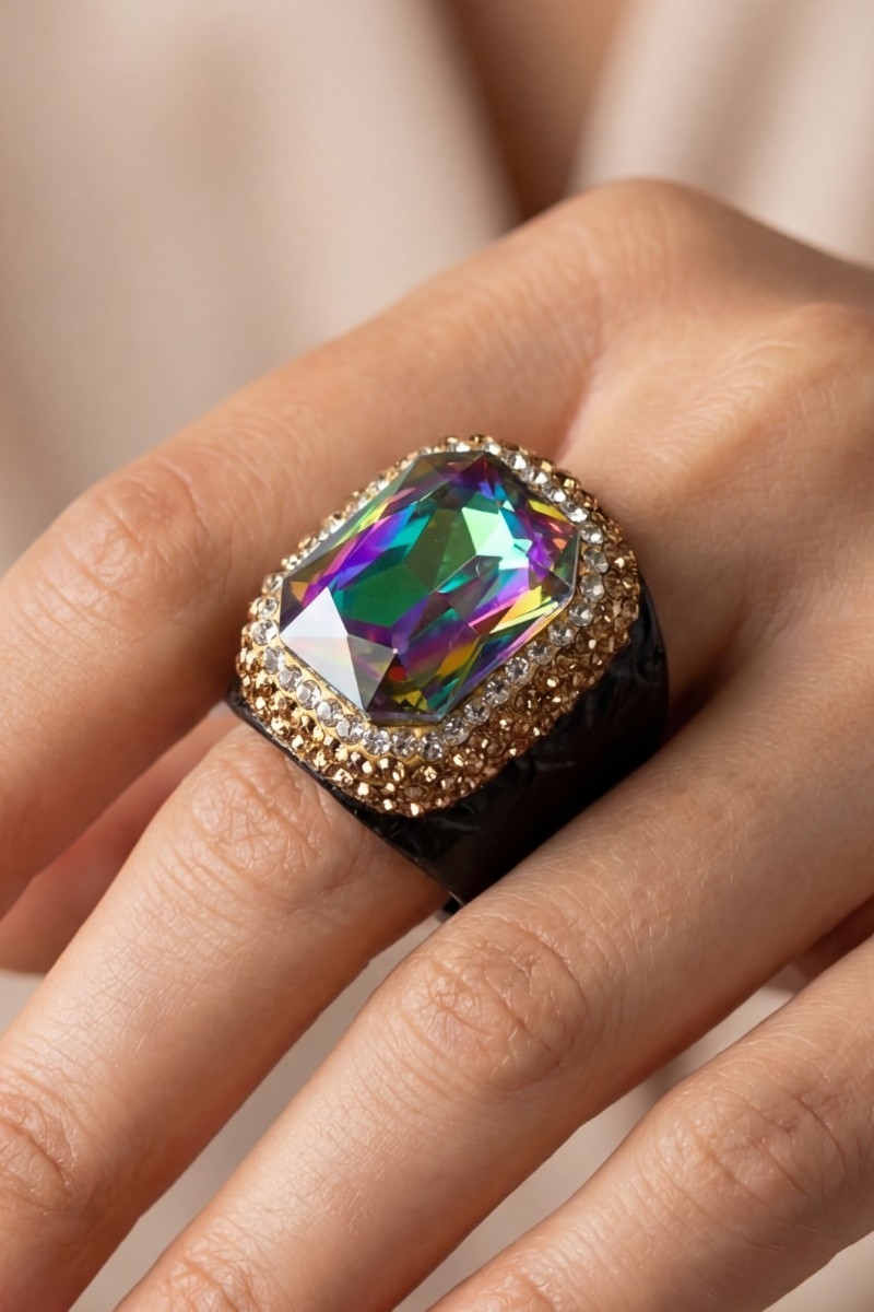 Pave Iridescent Faceted Glass Stone With Leather Band Ring