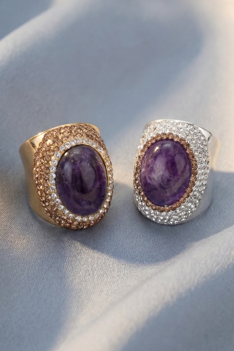 Oval Amethyst Stone Pave Statement Ring