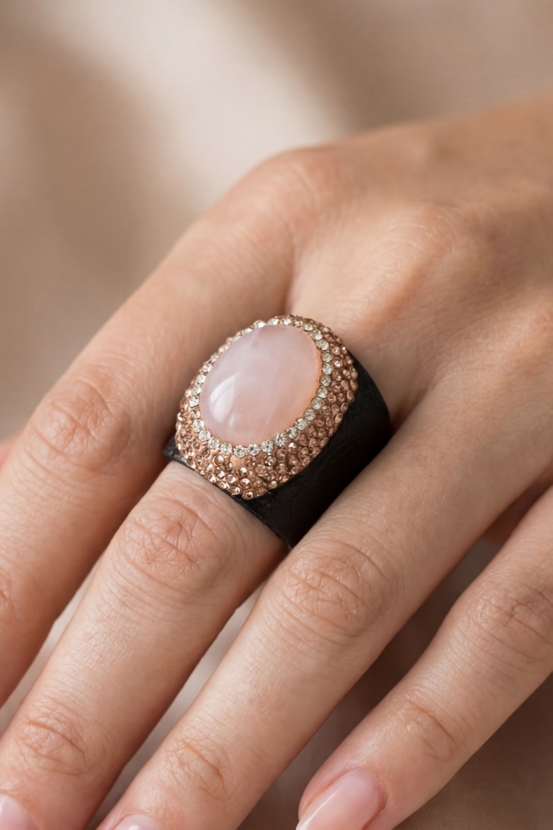 Pave Rose Quartz Stone With Leather Band Statement Ring