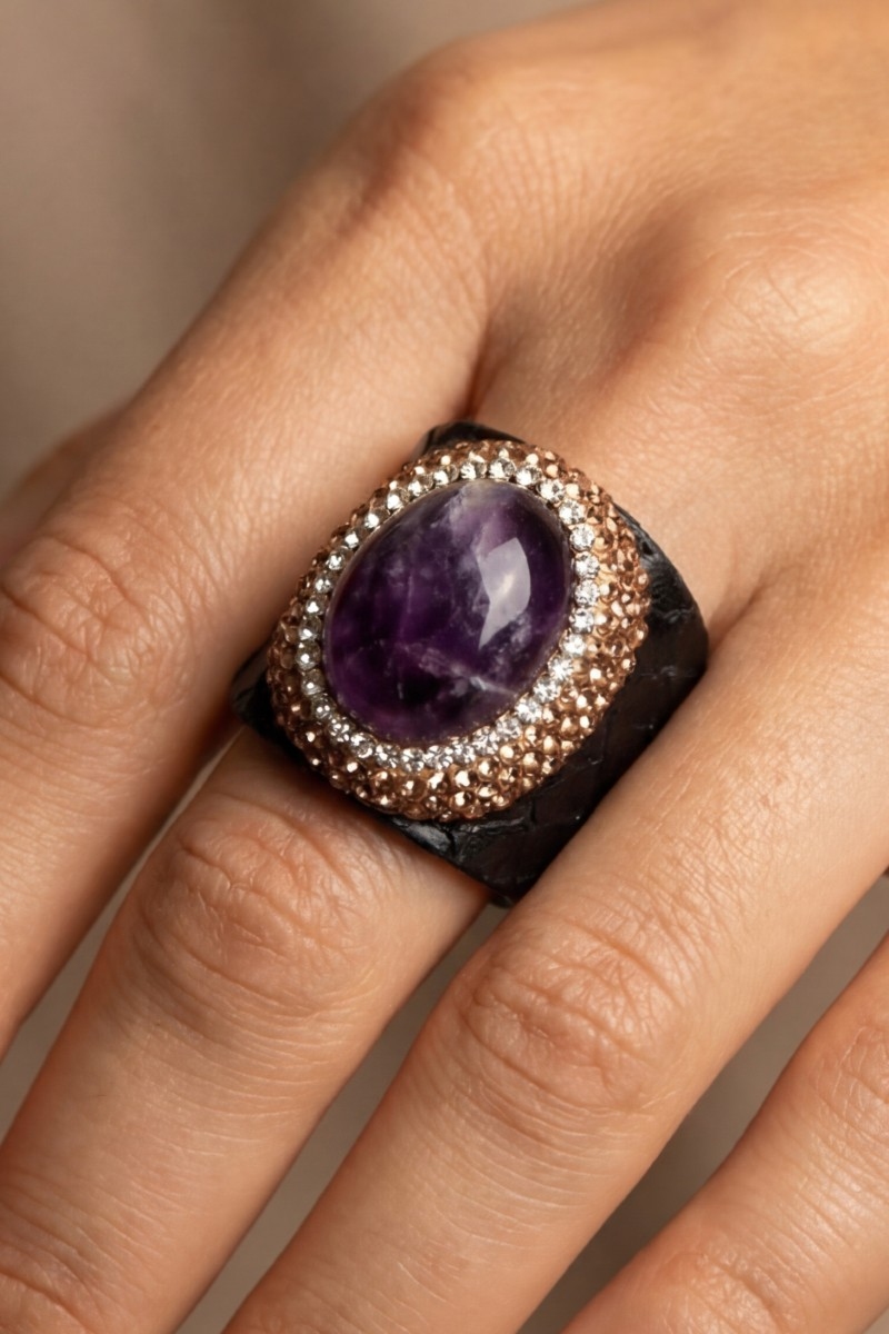 Pave Amethyst Stone With Leather Band Statement Ring