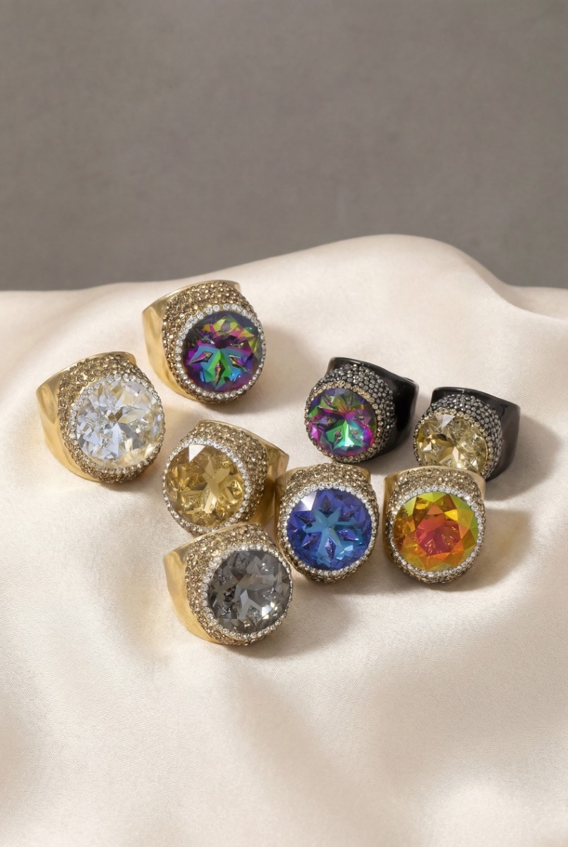 Pave Round Faceted Glass Crystal Statement Ring