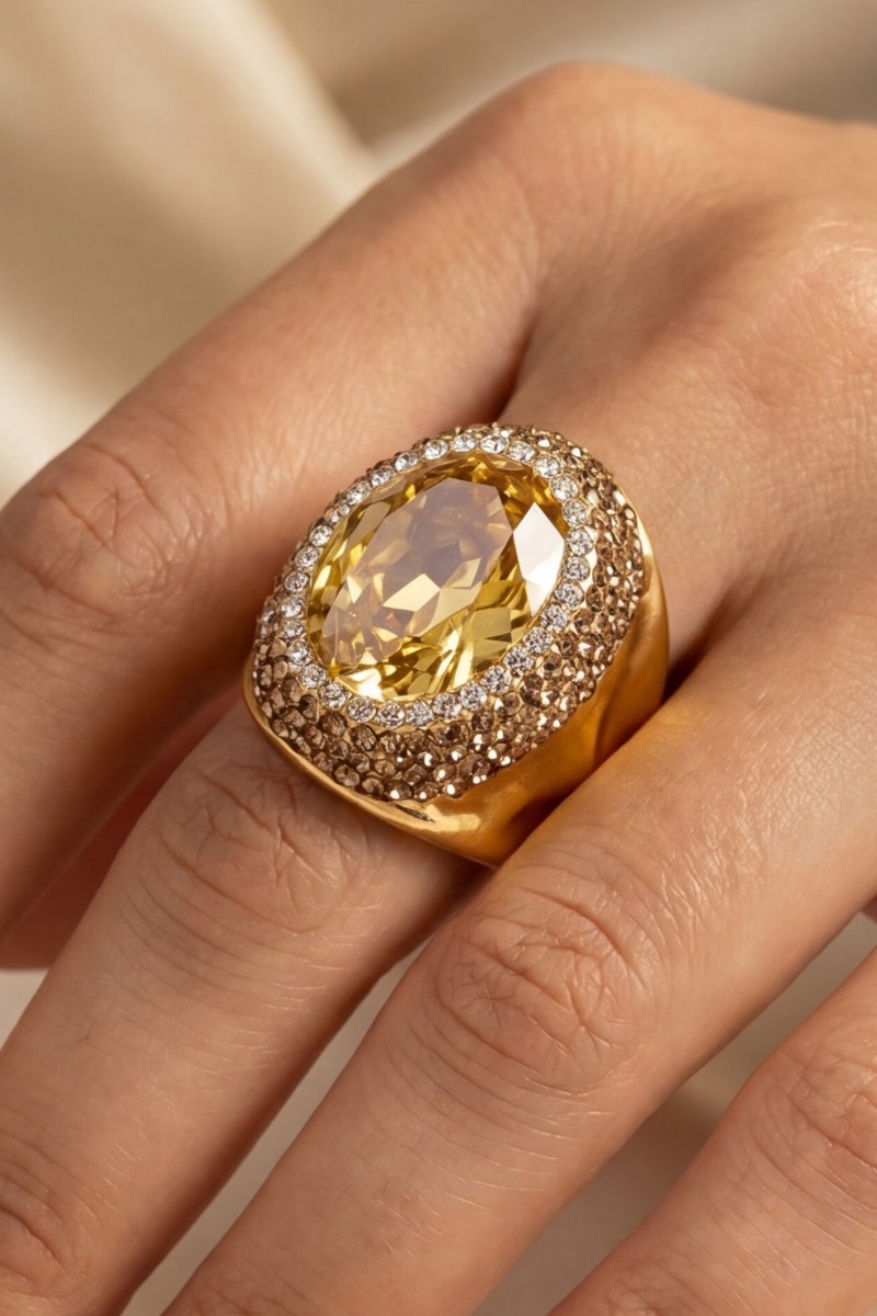 Pave Gold Faceted Glass Crystal Statement Ring