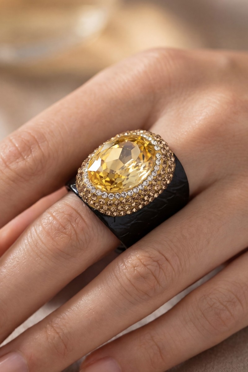 Pave Faceted Crystal With Leather Band Statement Ring