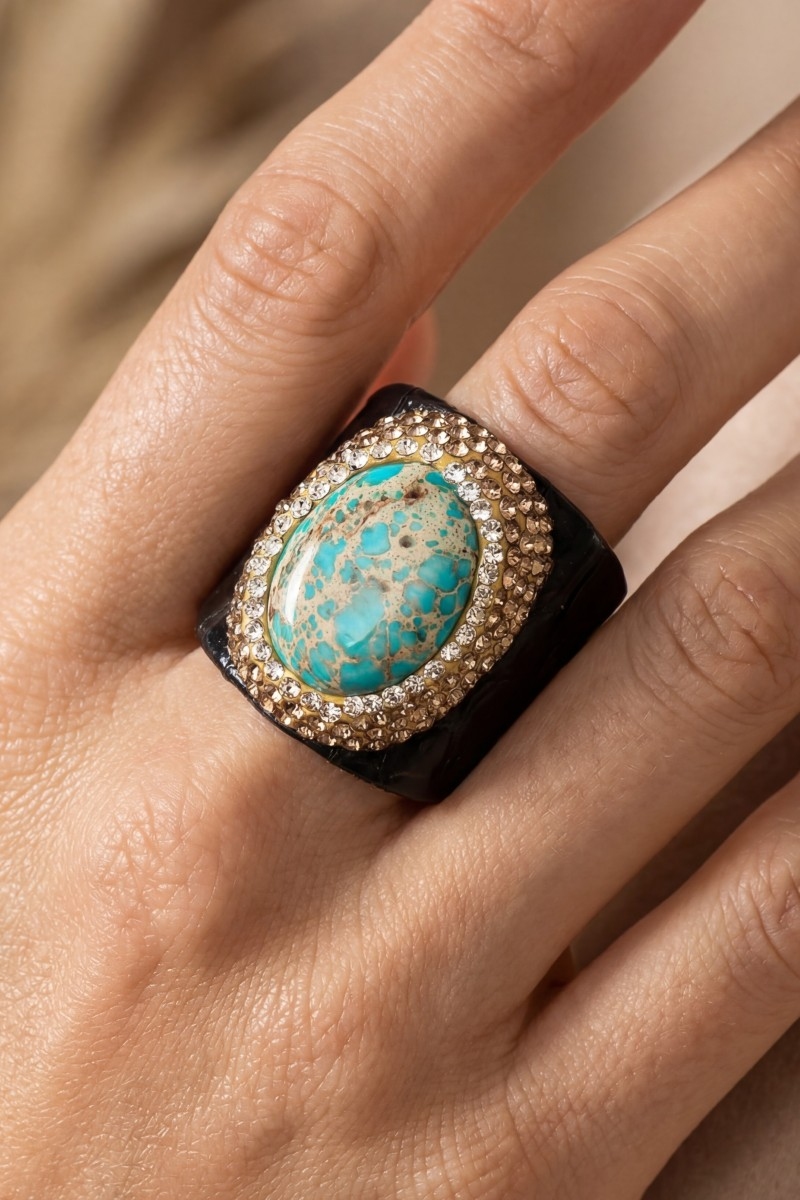 Pave Emperor Jasper Stone With Leather Band Ring
