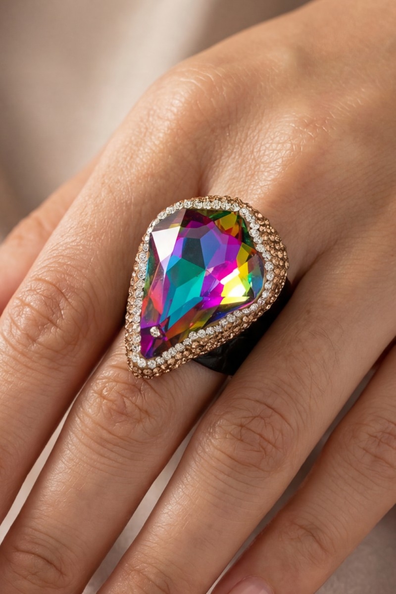 Pave Faceted Crystal Stone With Leather Band Ring