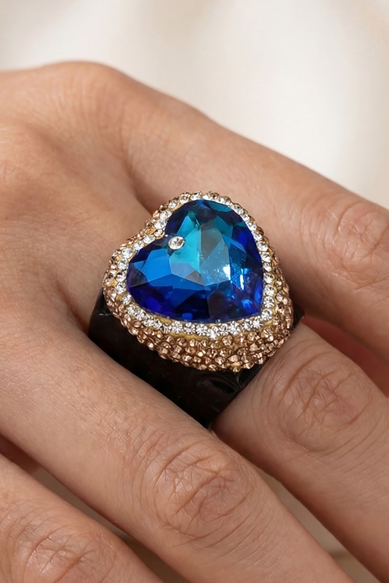 Heart Shaped Blue Crystal Pave Statement Ring