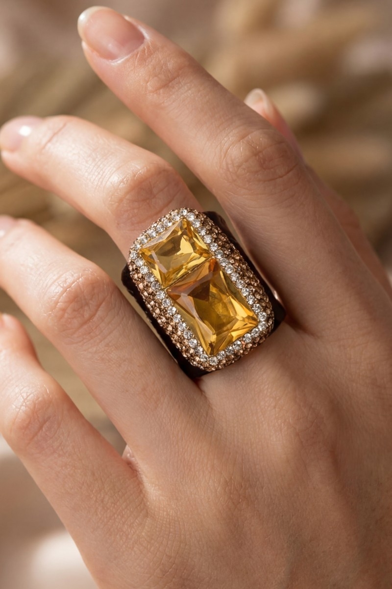 Two Crystal Stone With Leather Band Pave Statement Ring