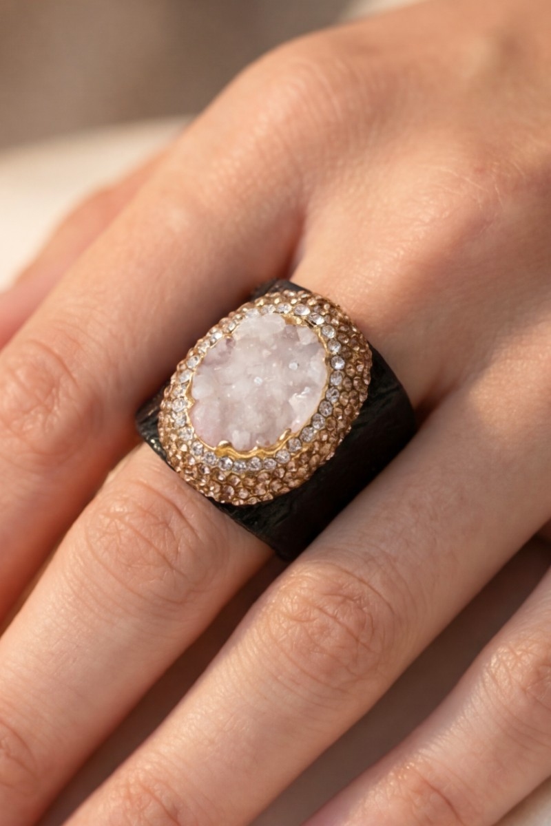 Pave Druzy Stone With Leather Band Statement Ring