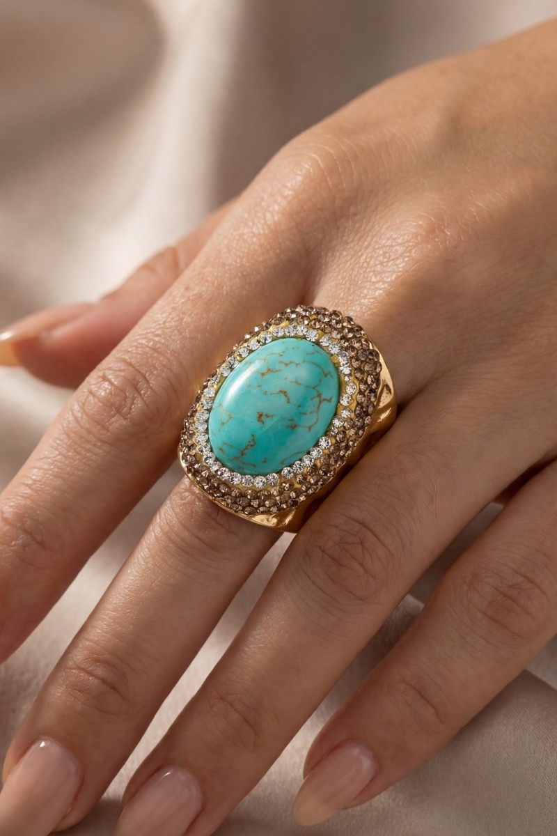 Gold Pave Turquoise Stone Statement Ring