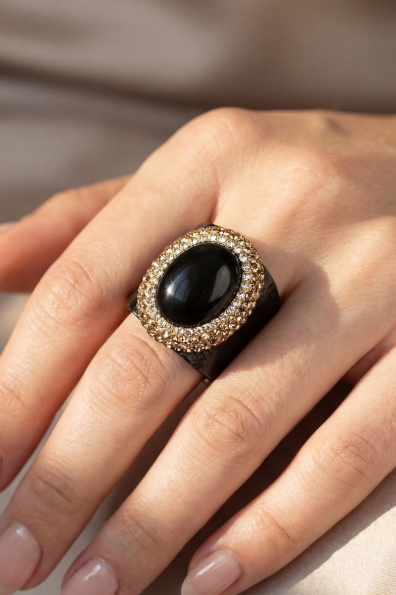 Pave Onyx Stone With Leather Band Statement Ring