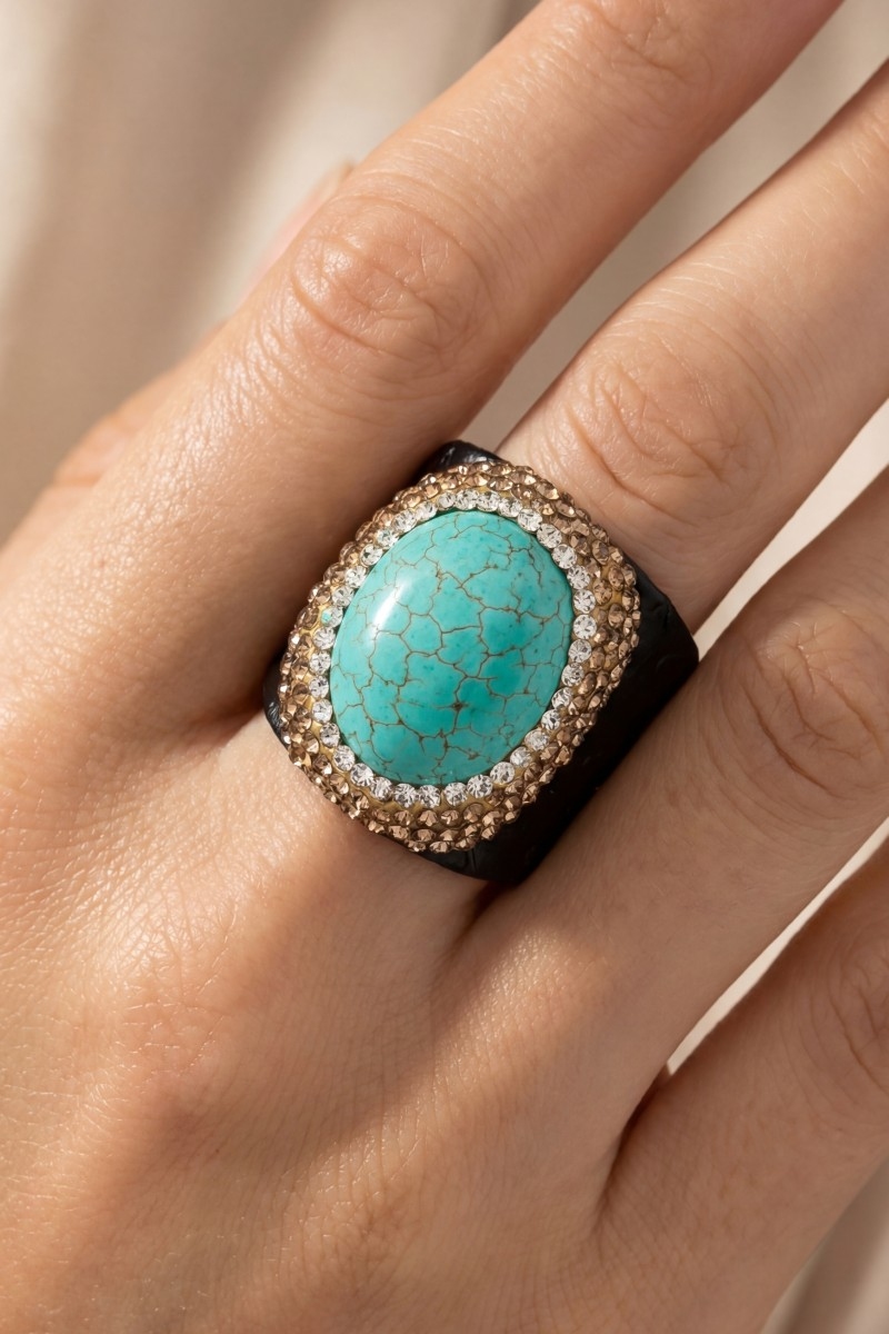 Oval Turquoise Stone Leather Band Statement Ring