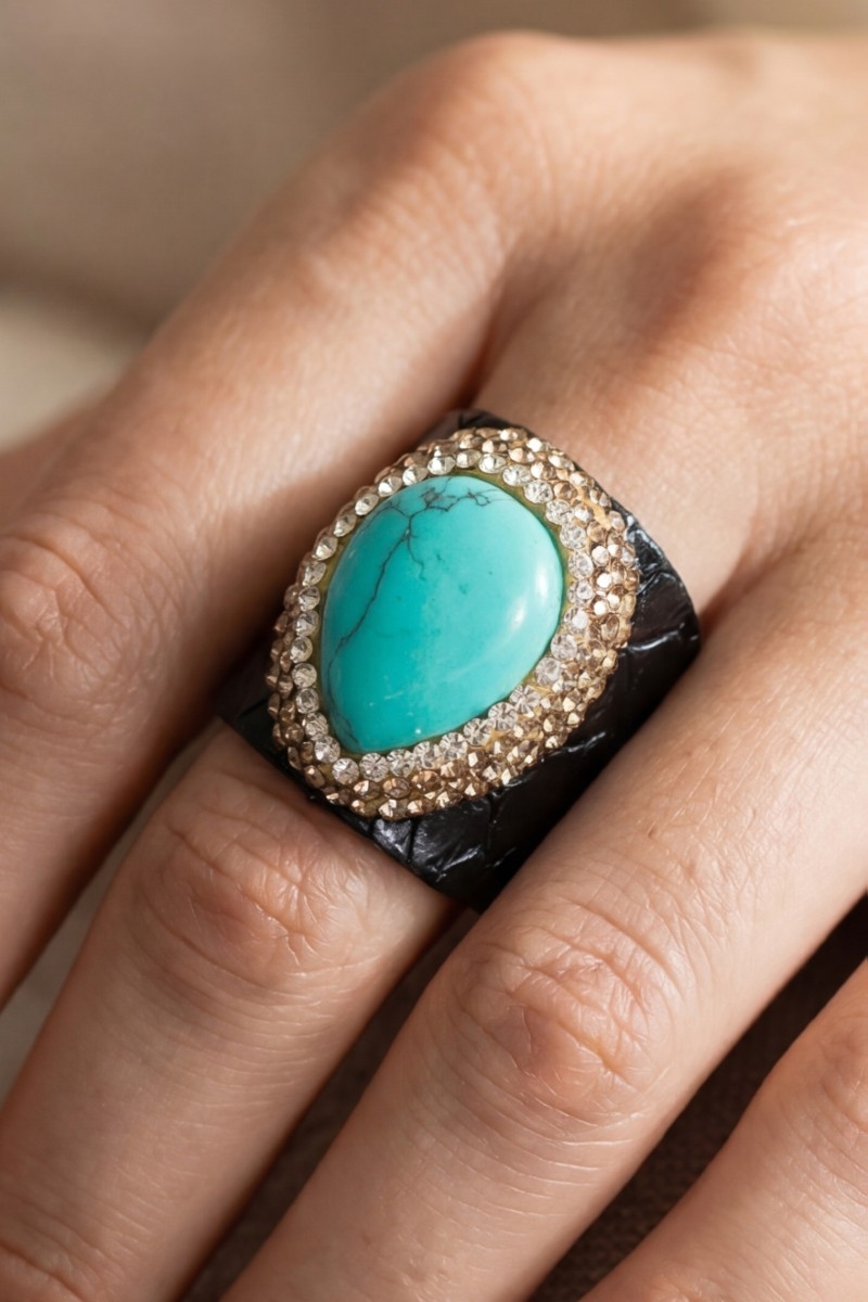 Pave Turquoise Stone Leather Band Statement Ring