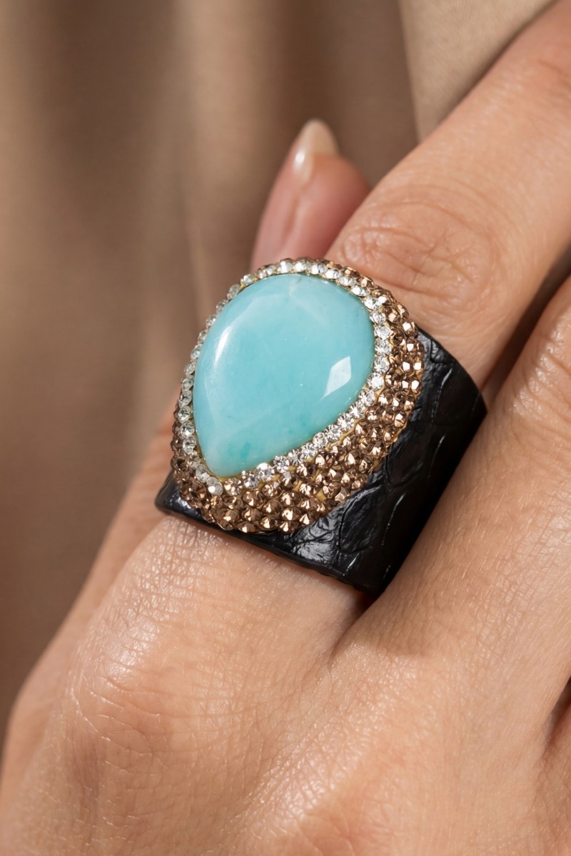 Amazonite Stone Pave Leather Band Statement Ring