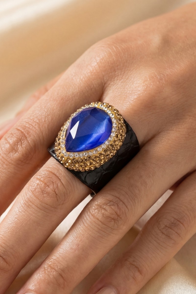 Cymophane Stone Leather Band Statement Ring