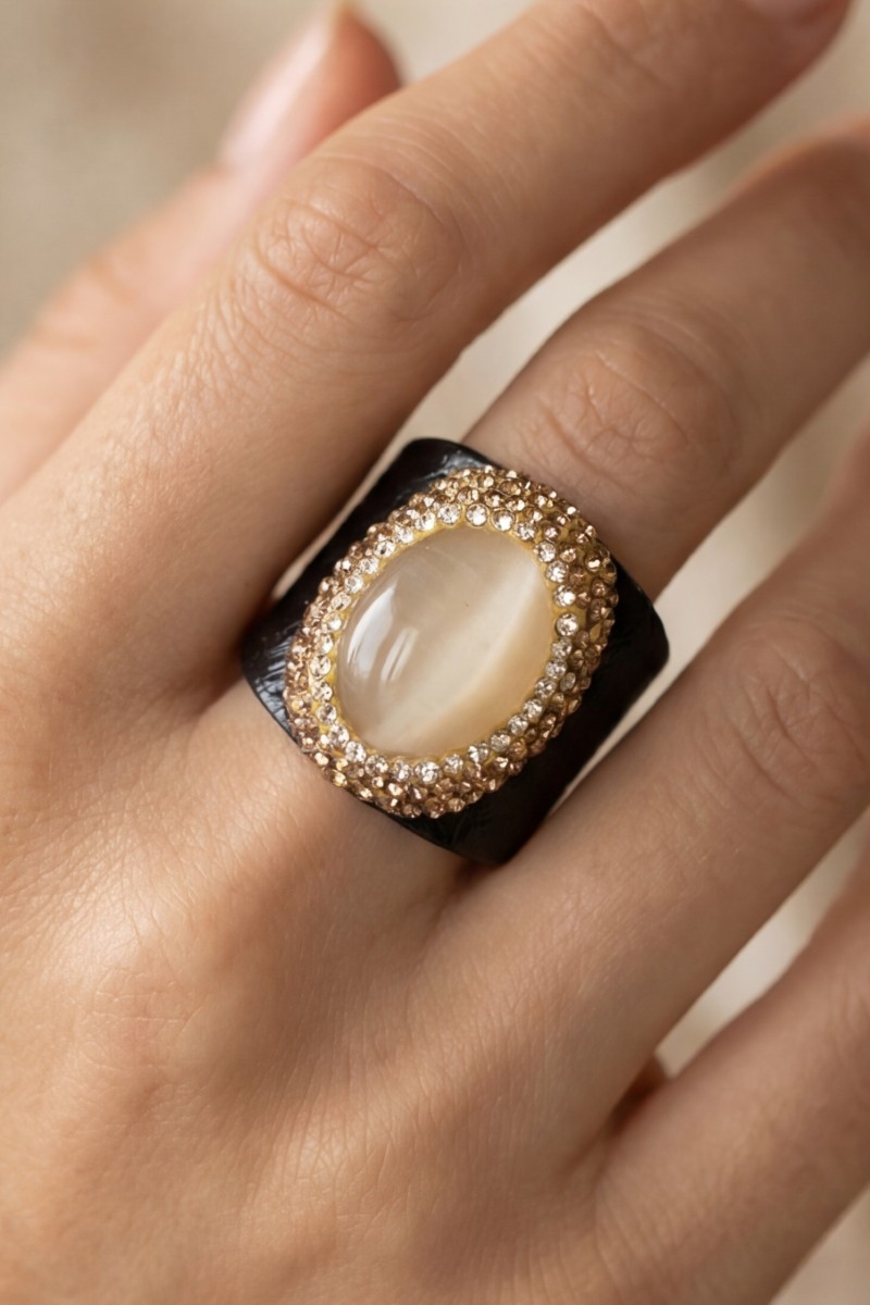 Leather Band Cymophane Stone Pave Statement Ring