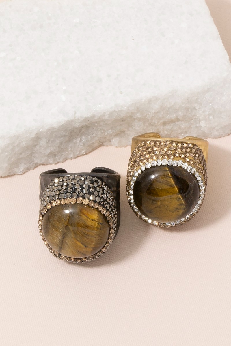 Round Pave Tiger Eye Stone Statement Ring