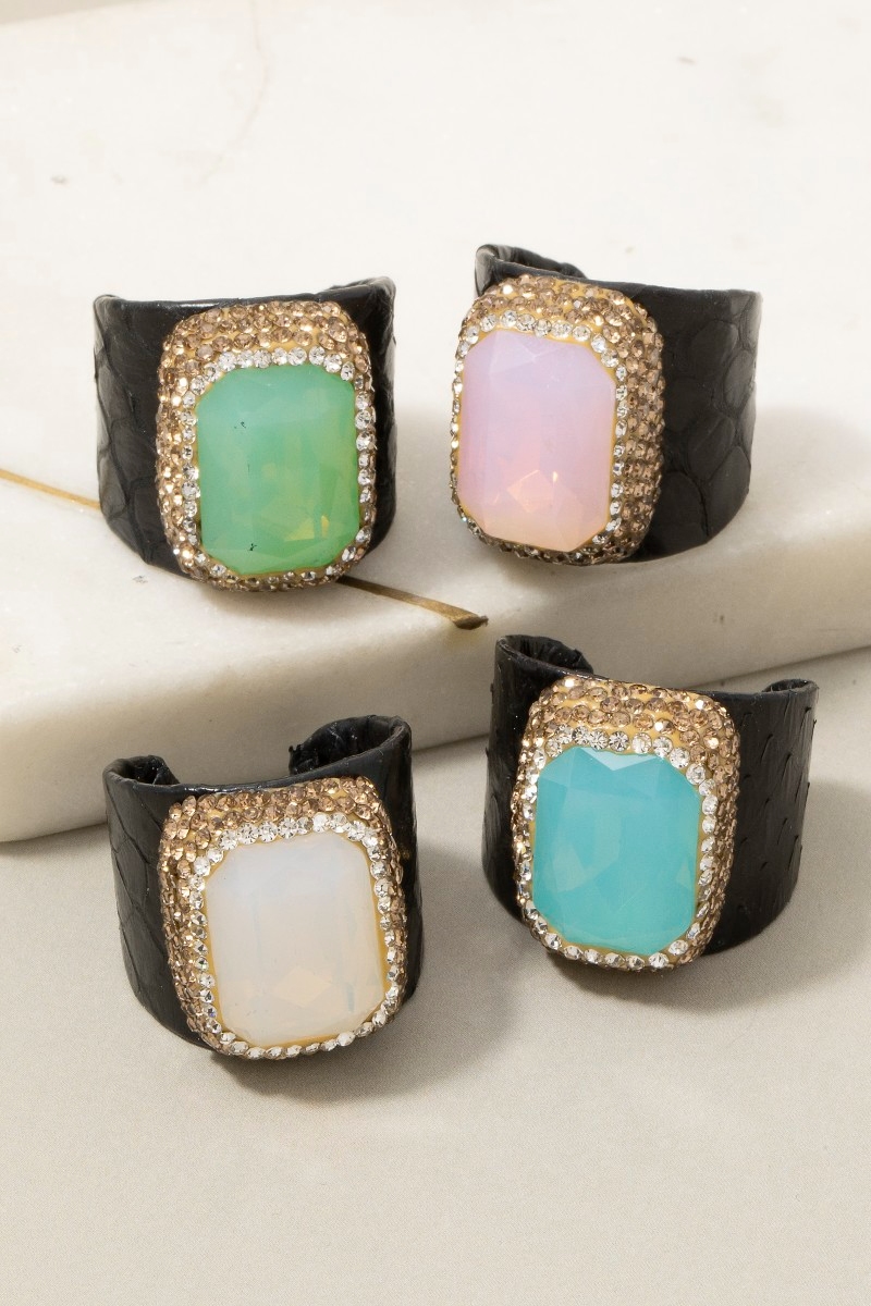 Faceted Opal Stone Pave Leather Band Statement Ring