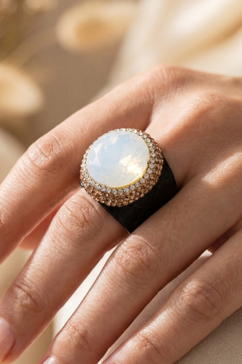 Opal Stone Leather Band Pave Statement Ring