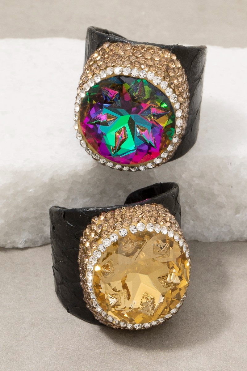 Round Faceted Crystal Stone Leather Band Statement Ring