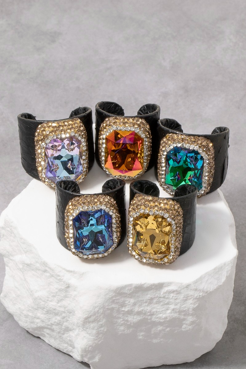 Pave Faceted Crystal Stone Leather Band Statement Ring