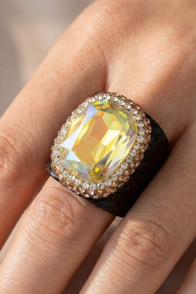 Pave Crystal Stone Leather Band Statement Ring