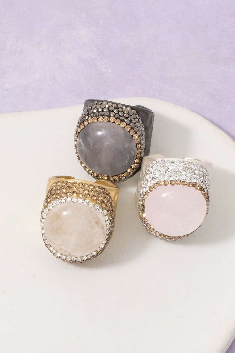 Rose Quartz Stone Pave Statement Ring