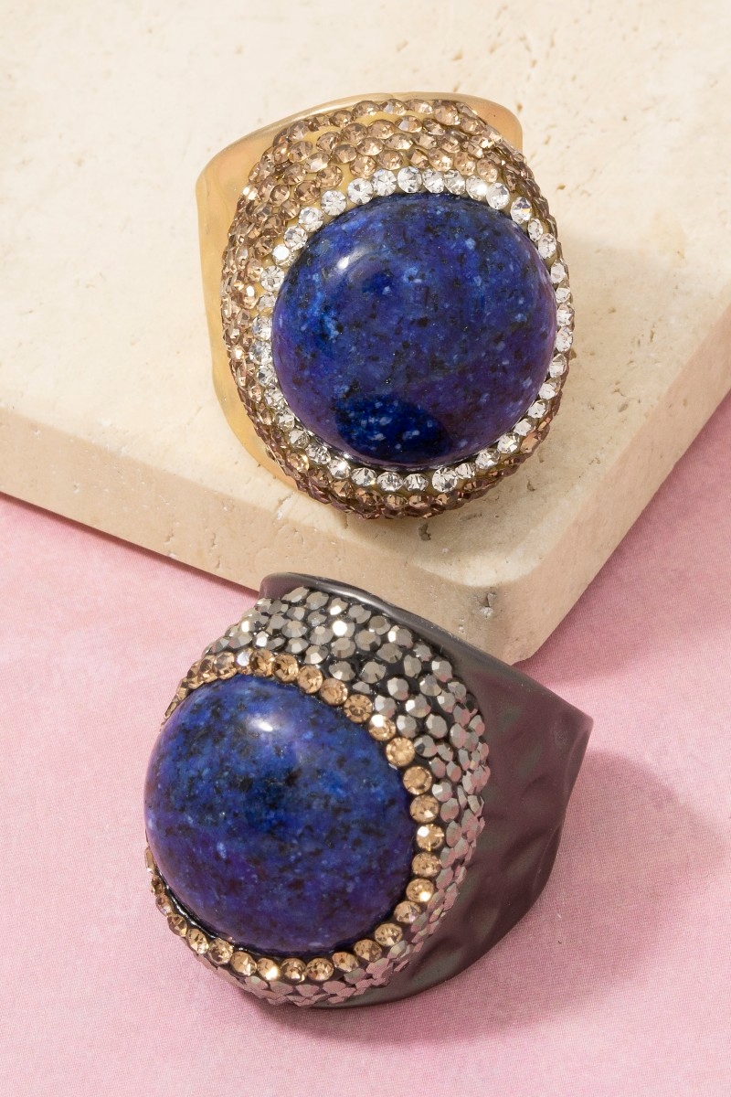 Round Blue Spot Jasper Stone Pave Statement Ring