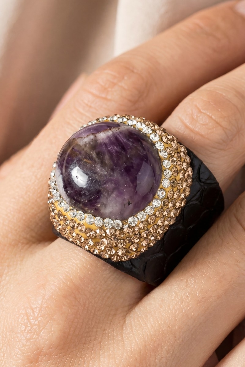 Amethyst Stone Pave Leather Band Ring