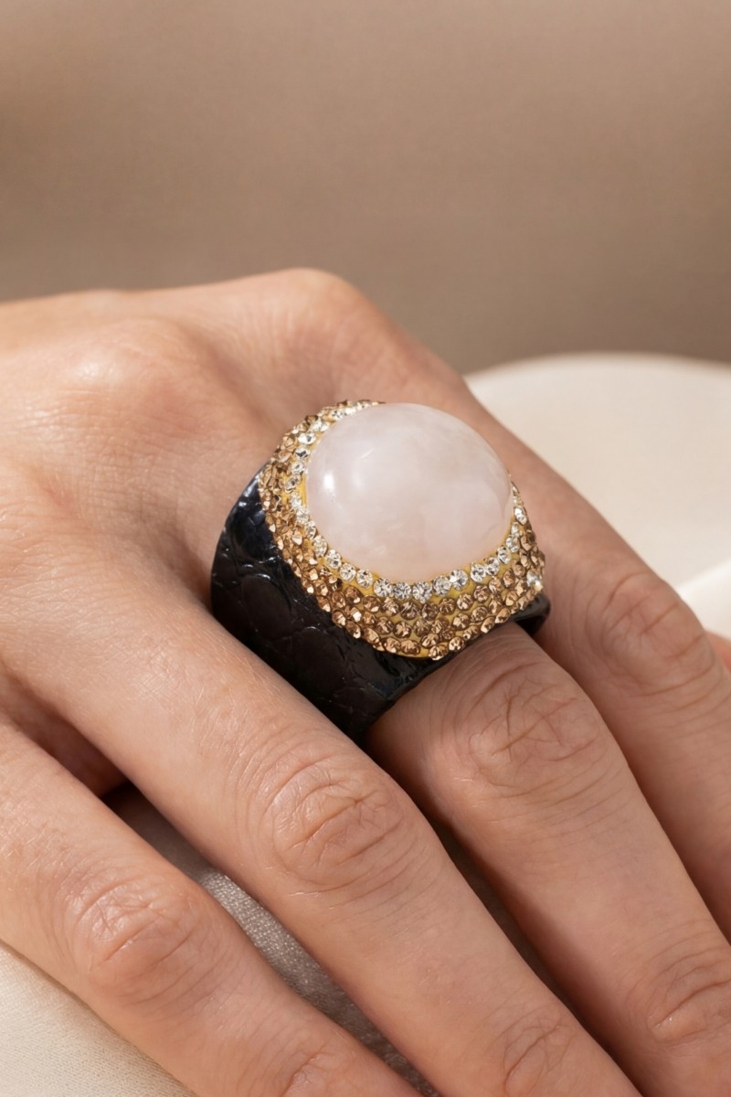 Rose Quartz Stone Pave Leather Band Ring