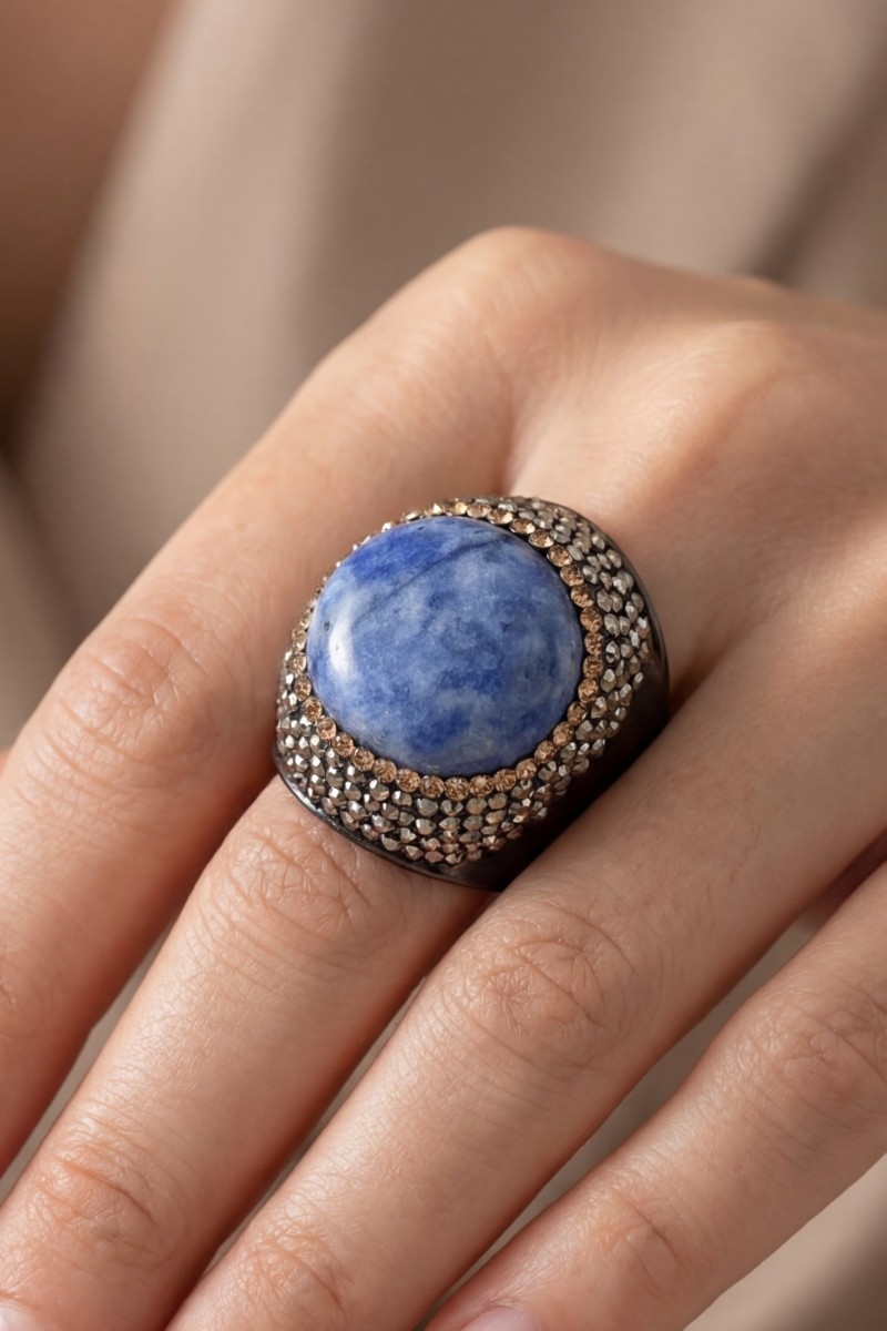 Blue Spot Jasper Stone Pave Statement Ring