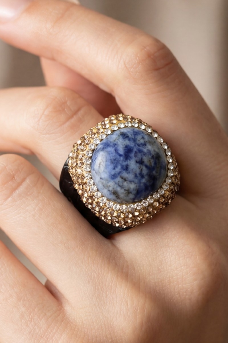 Blue Spot Jasper Stone Pave Leather Band Statement Ring