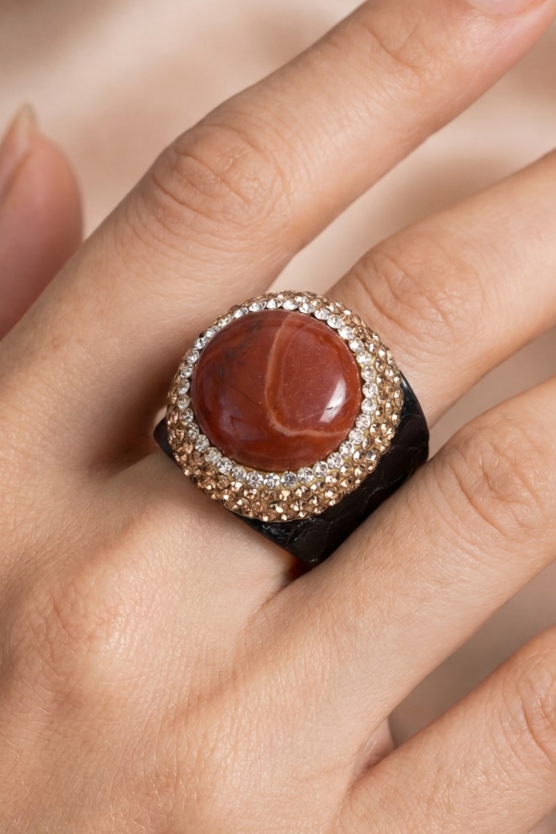 Red Jasper Stone Pave Leather Band Statement Ring