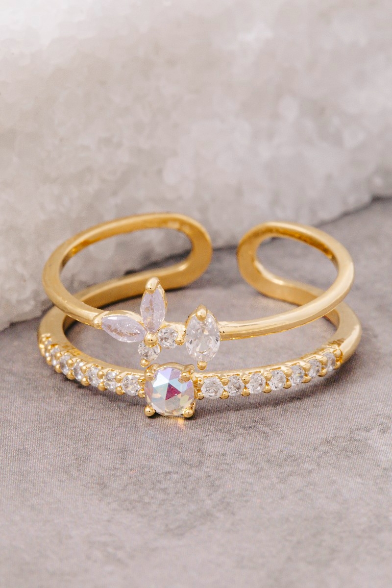Gold Dipped Two Row Cz Butterfly Ring