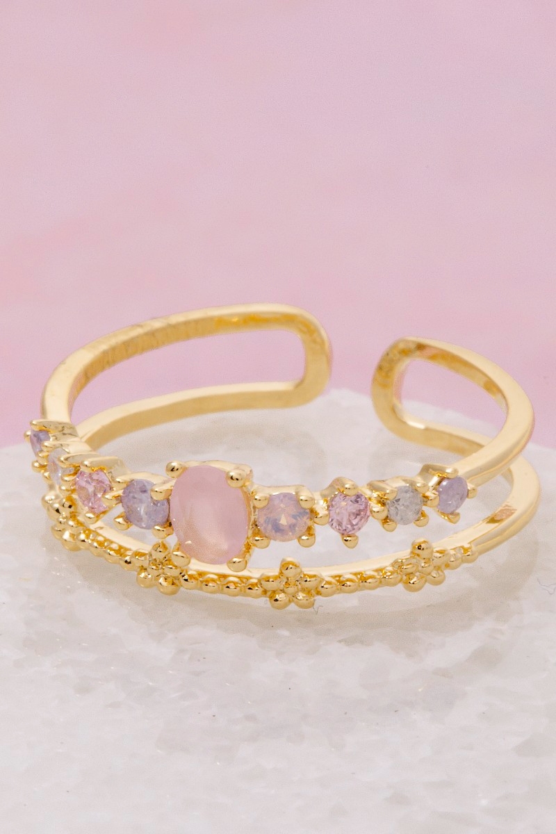 Gold Dipped Two Row Cz Studded Flower Ring