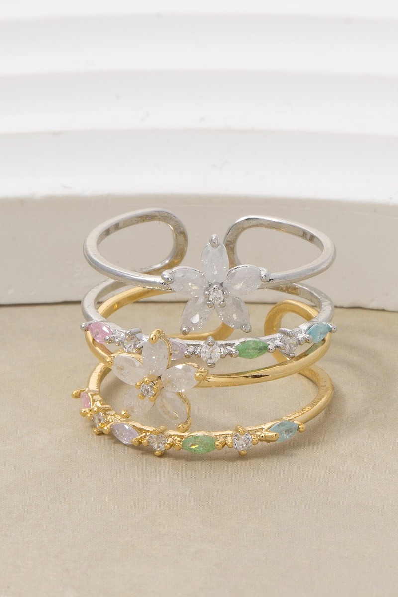 Gold Dipped Cz Flower Studded Two Row Ring