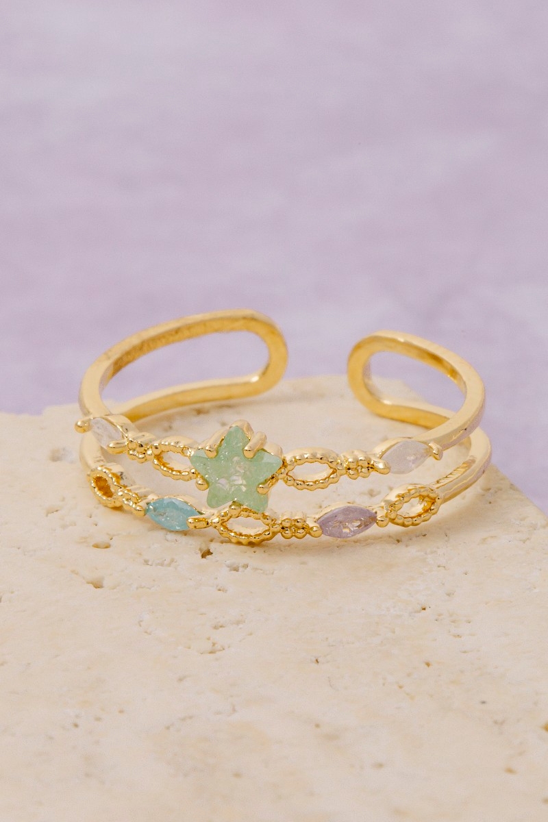 Double Row Gold Dipped Cz Star Ring