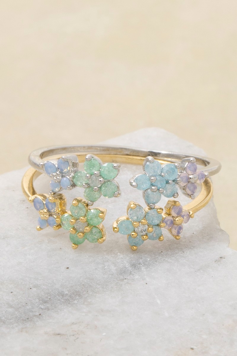 Gold Dipped Colorful Cz Flower Open Ring