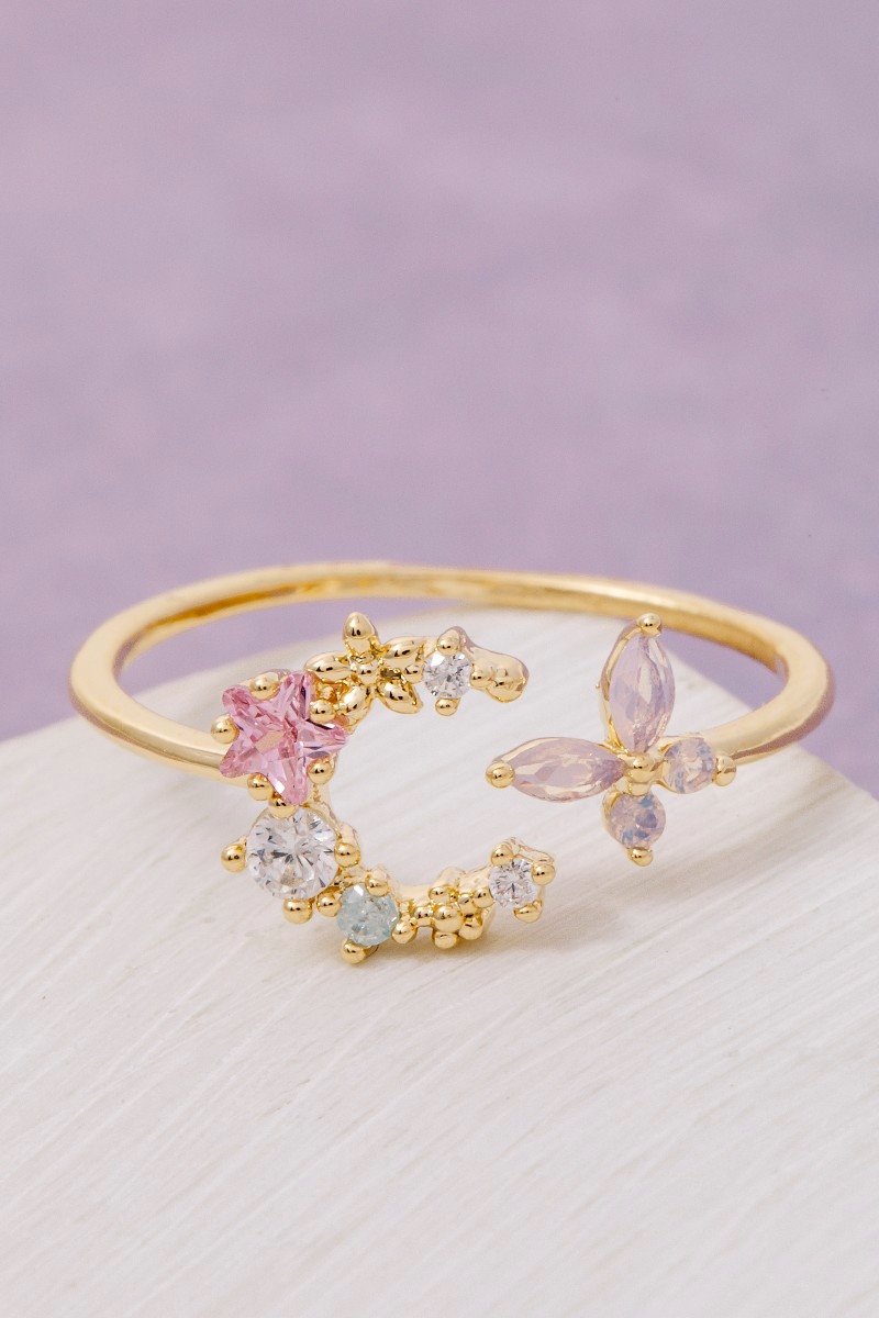 Gold Dipped Cz Moon Star And Butterfly Ring