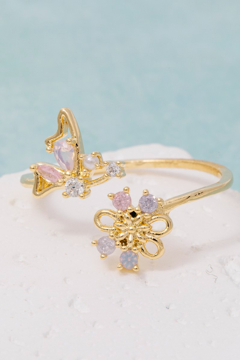 Gold Dipped Butterfly And Flower Cz Ring