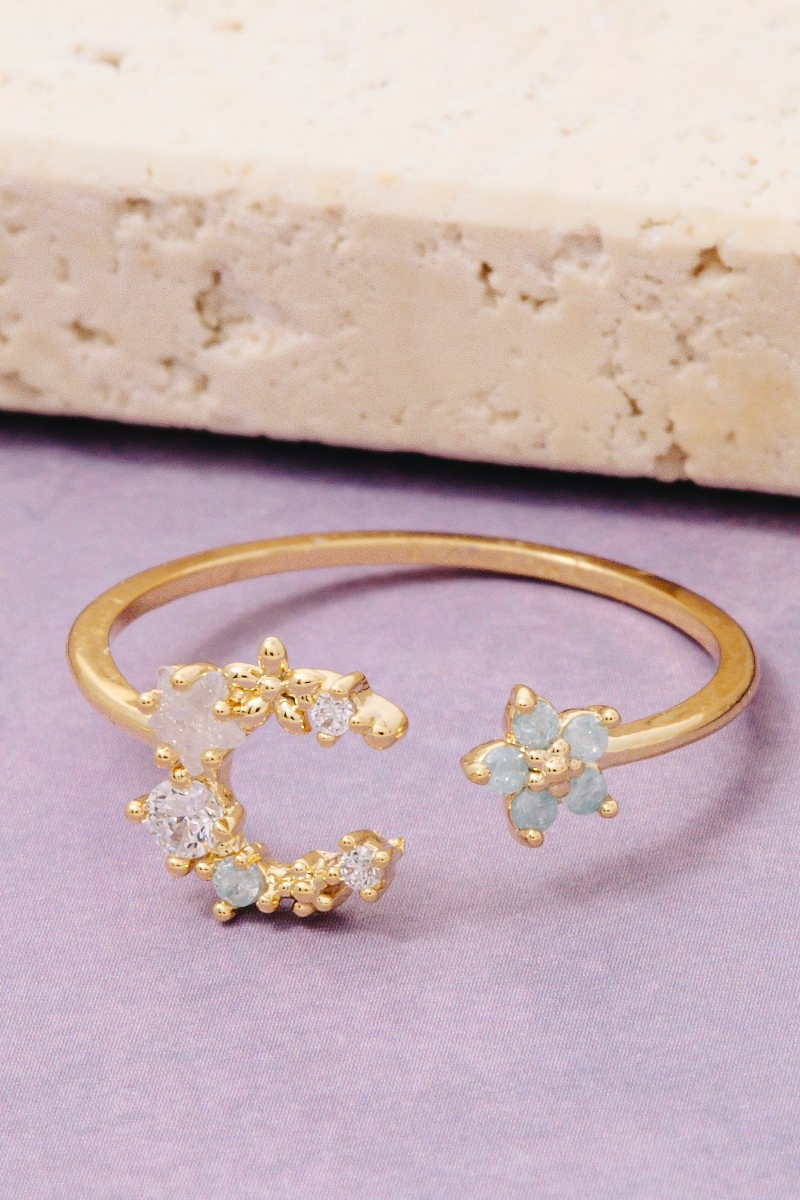 Gold Dipped Flower Moon And Stars Open Ring