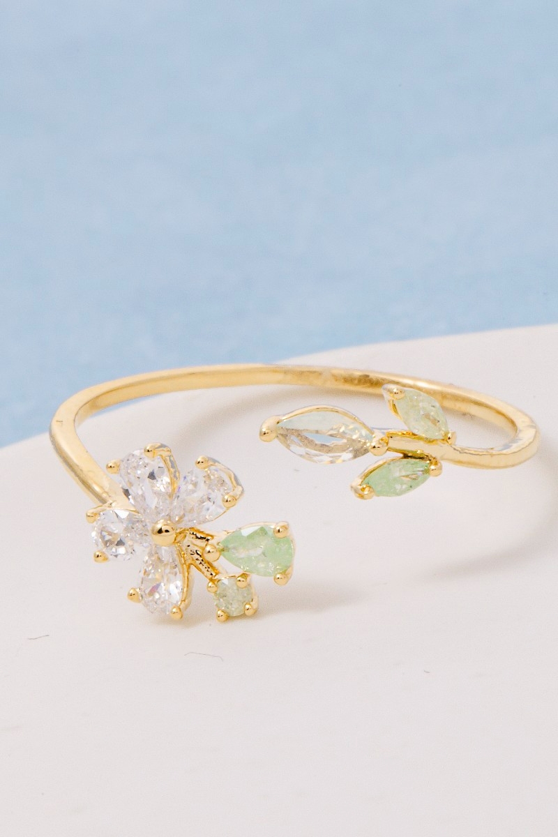 Gold Dipped Cz Flower Leaf Open Ring