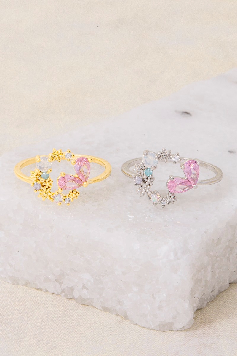 Gold Dipped Cz Colorful Moon Open Ring