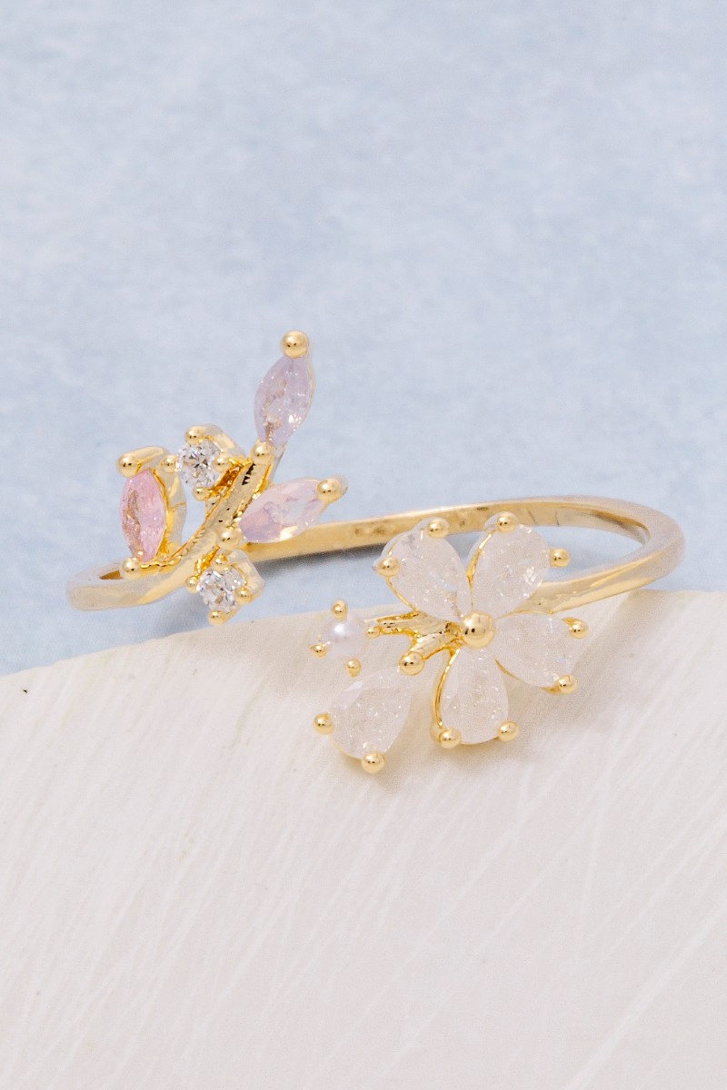 Gold Dipped Cz Flower Leaf Open Ring