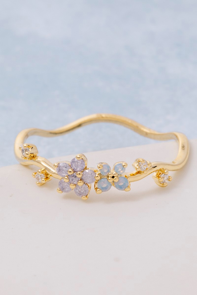 Gold Dipped Cz Wavy Flower Studded Ring