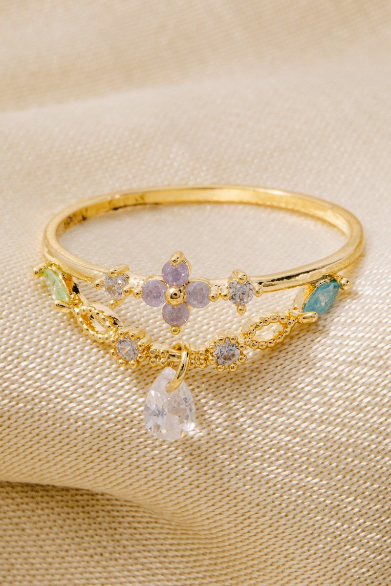 Gold Dipped Floral Cz Dangle Jewel Studded Ring